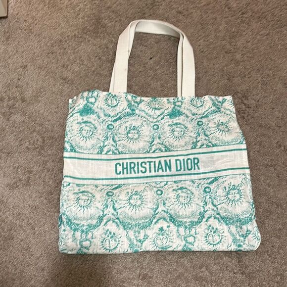Christian Dior Canvas Tote Green White Celestial Sun Print Dioriviera Beach Bag - Picture 1 of 8